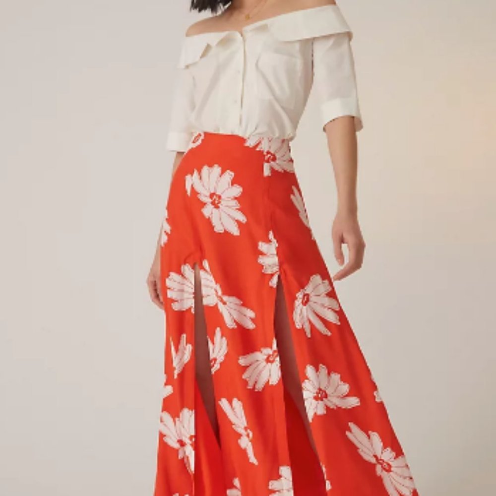 Anthropologie Orange White Floral Midi Skirt Size 8